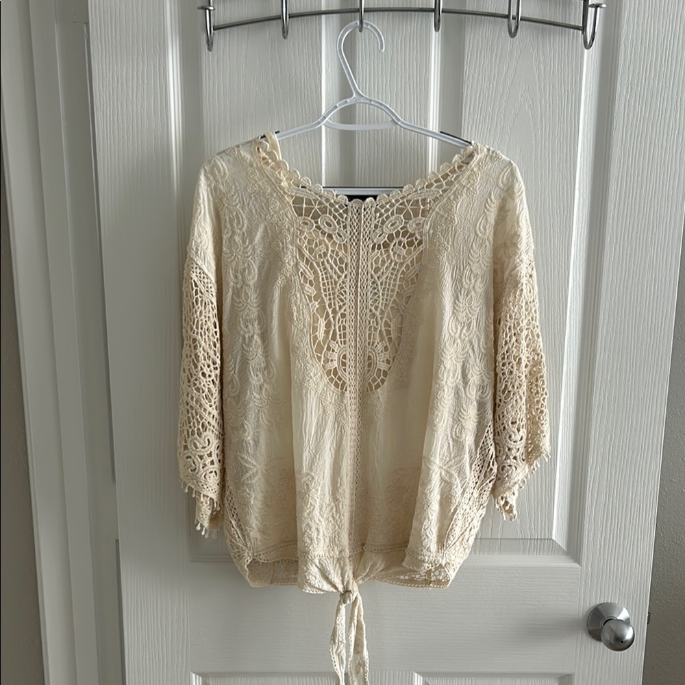 Democracy Cream Blouse with 3/4 Sleeves and Tie Front